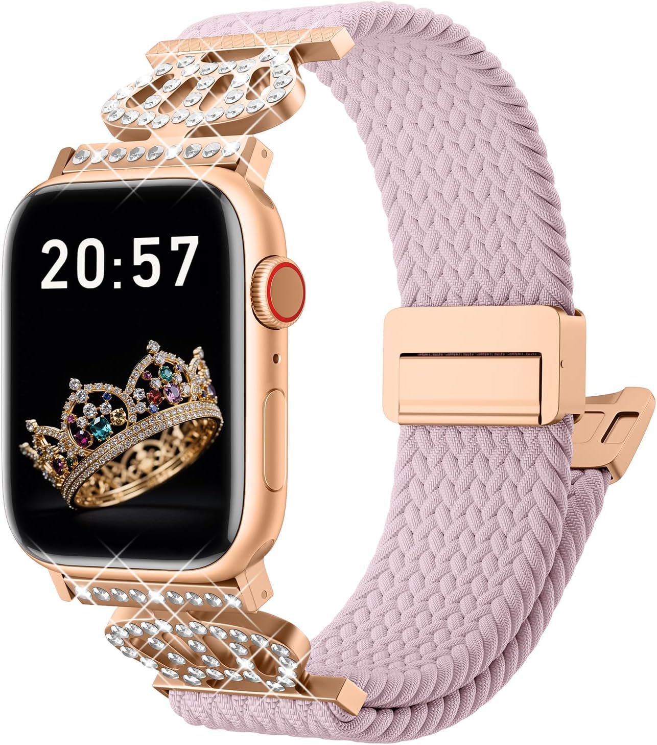 Braided Stretchy Bands with Magnetic Clasp for Apple Watch Band 40mm 38mm 41mm 42mm 44mm 45mm 46mm 49mm, Bling Crown Designer Soft Nylon Sport Solo Loop for iWatch Series 10 9 8 7 6 5 4 3 Ultra 2 1 SE Light pink 38mm/40mm/41mm/42mm(Series 10)