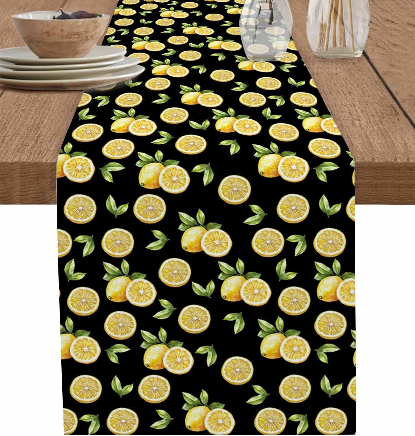 Summer Cotton and Linen Table Runner 72 Inches, Pastoral Lemon Black Dresser Decor Table Runners for Dining Party Holiday Wedding Table Decoration