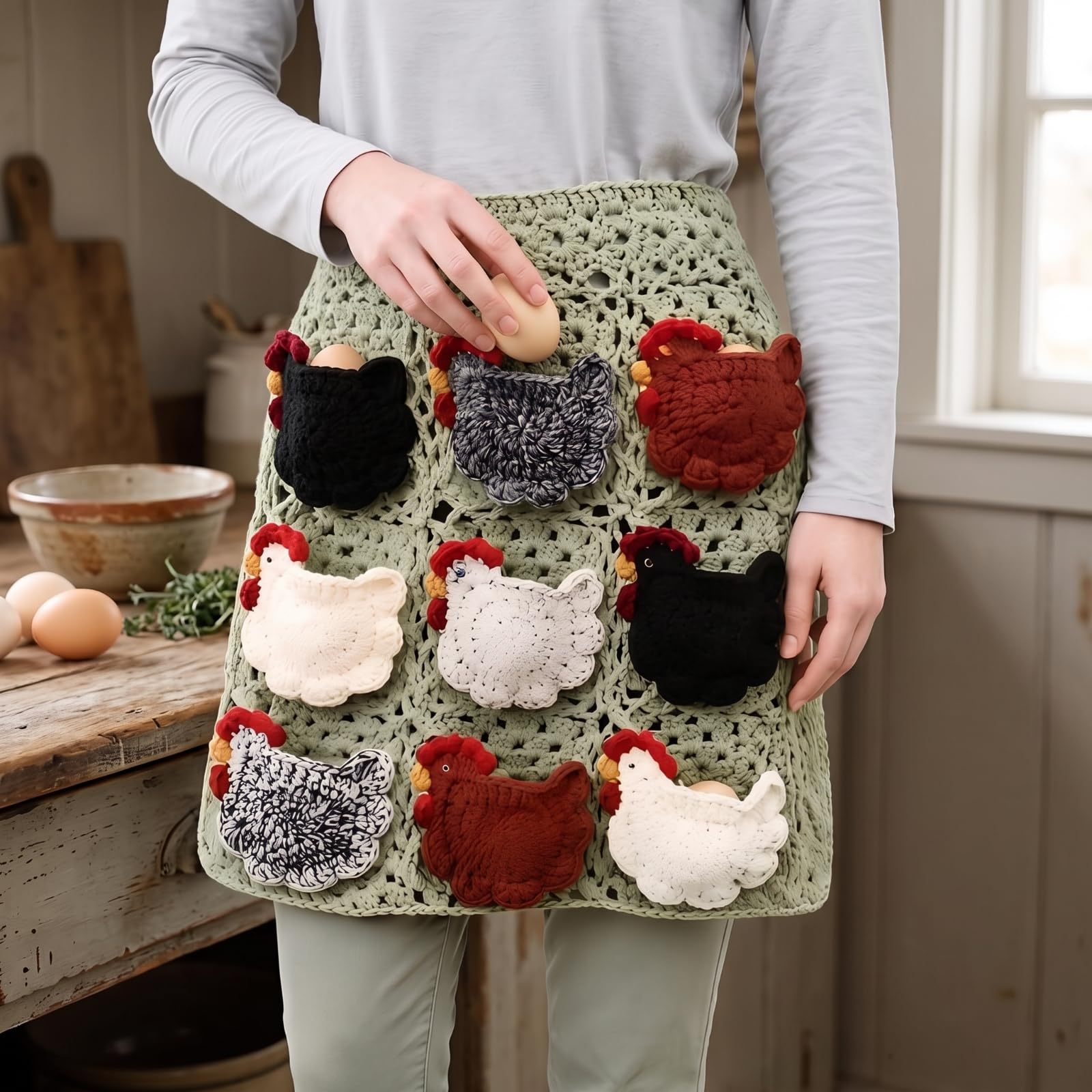 Grembiule All’uncinetto Grembiule Raccolta Uova Grembiule Cucina Grembiule Fattoria con Tasche Anteriori Dettagli Intrecciati in Cotone Lacci in