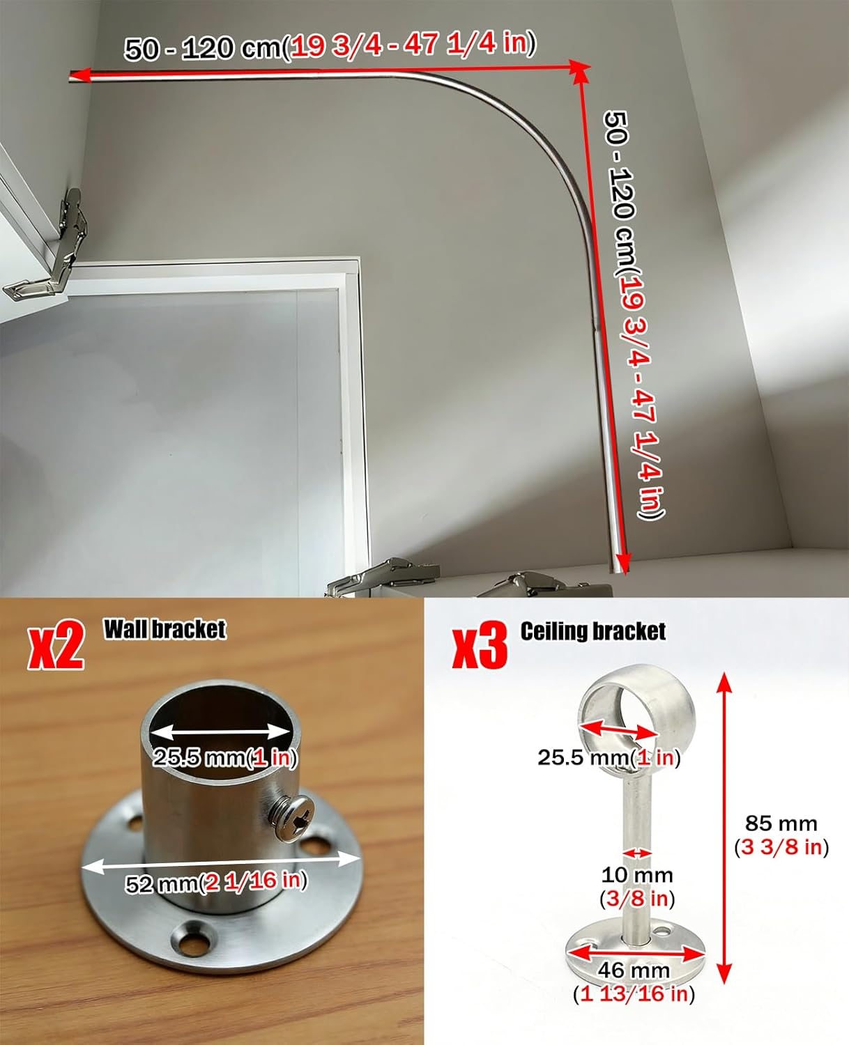 90 Degree Corner Closet Rod for L-Shaped Wardrobes, Curved Stainless Steel Clothes Bar, Space-Saving Hanging Pole with Support Brackets(120x120cm(47.2x47.2in))