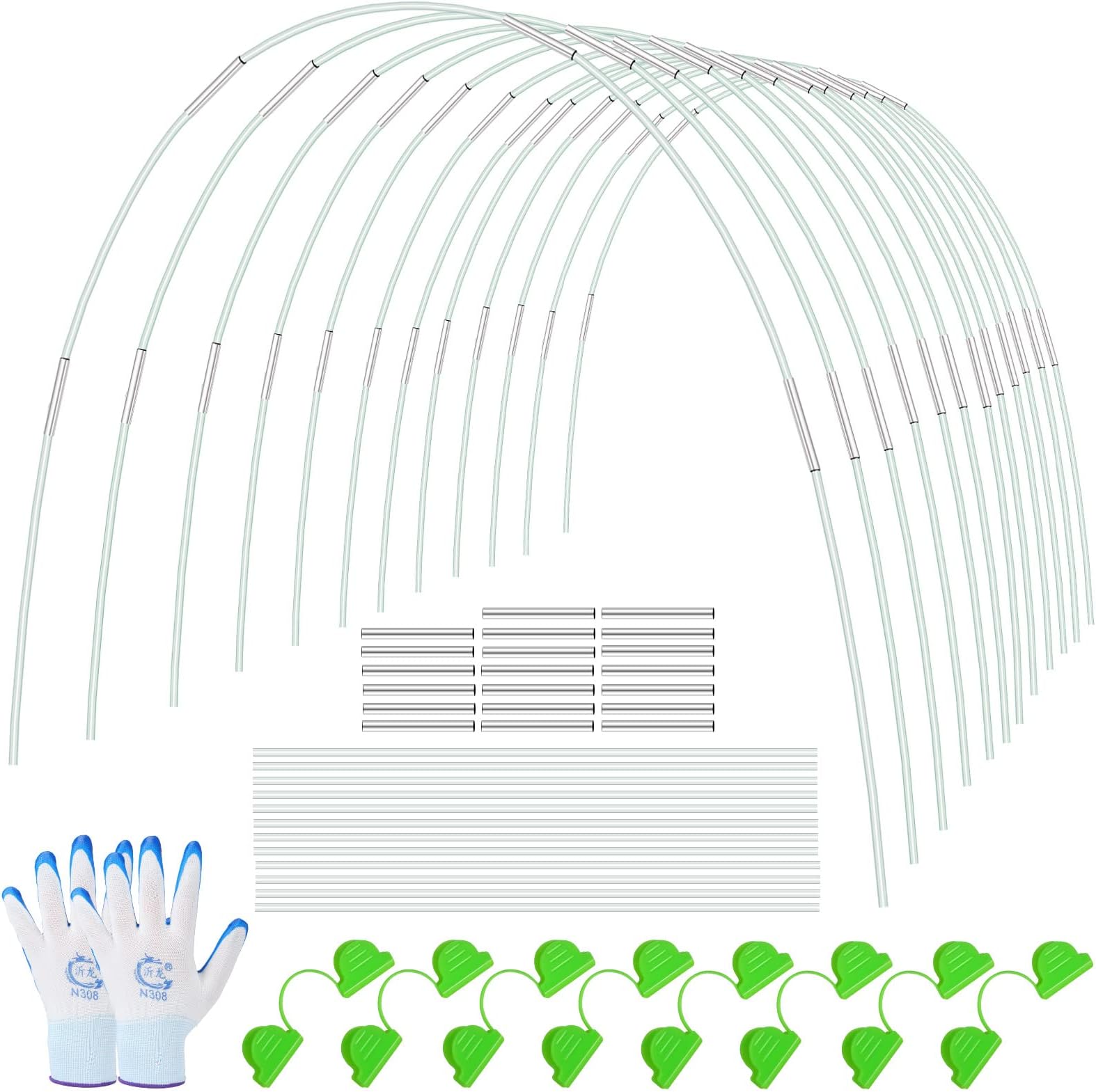 150 Pcs Greenhouse Hoops Garden Hoops for Raised Beds Row Cover Hoops 17 Inch Fiberglass Rod Grow Tunnel Support Frame with 120 Pcs Connectors 90 Pcs Gardening Clamps 4 Pairs Gardening Gloves