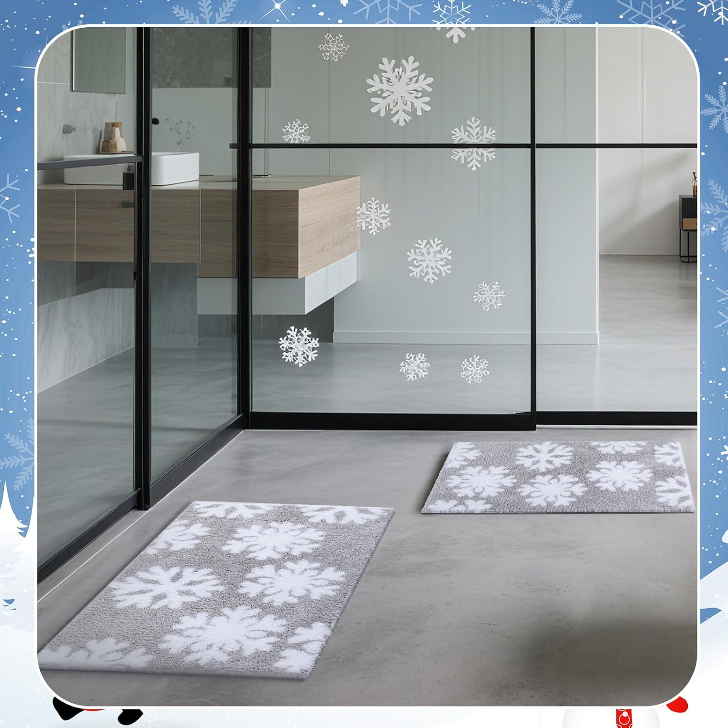 Dunzy 2 Pcs Winter Snowflake Bath Mat Winter Non Slip Soft Microfiber Bathroom Rugs New Year Area Rug for Tub Shower Room Floor, 20 x 32 Inches, 17 x 24 Inches