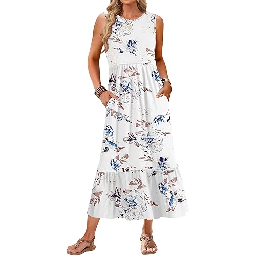 AUSELILY Womens Summer Dresses 2024 Sleeveless Maxi Dress Crewneck Casual Flowy Tiered Sundresses with Pockets