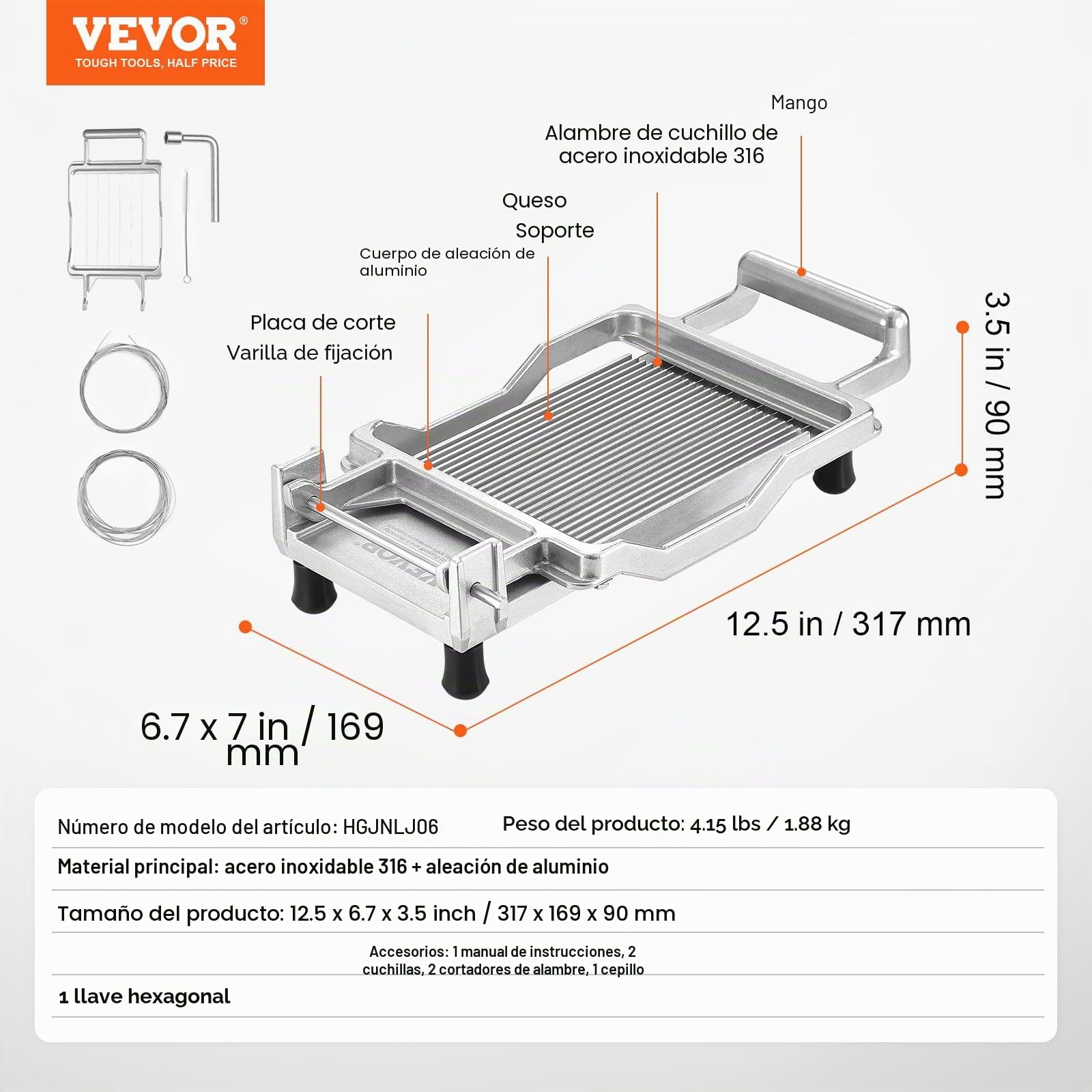 VEVOR Cortador Desmontable de Queso con Alambre para Cortar Mantequilla y Queso, Cortador de Aleación de Aluminio con Alambre de Acero Inoxidable 316, para Cocina y Restaurante, 317 x 169 x 90 mm
