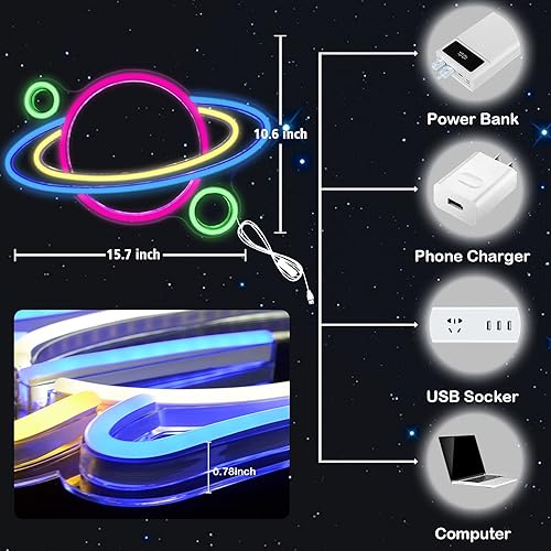 Miniatura 4 de IMEGINA Letrero de neón LED de planeta, luces de neón Saturno para dormitorio, alimentadas por USB, con interruptor de 16 x 11 pulgadas, decoración