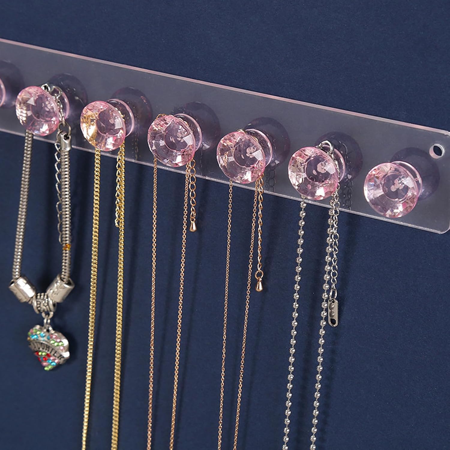 2 Pack Necklace Holder Organizer with 12 Hooks, Acrylic Necklace Hanger Wall Mount, Jewelry Hooks for Necklaces, Bracelets, Chains, Earrings, Rings, Keys (Pink)