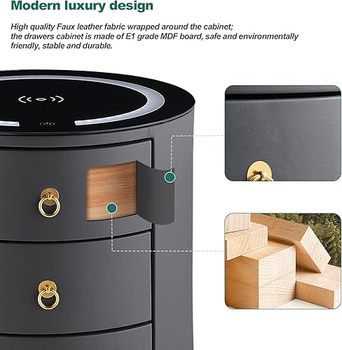 Miniatura 6 de CLIPOP Moderna mesita de noche con 3 cajones, mesitas de noche inteligentes con estación de carga inalámbrica, luz LED ajustable, mesa de noche con