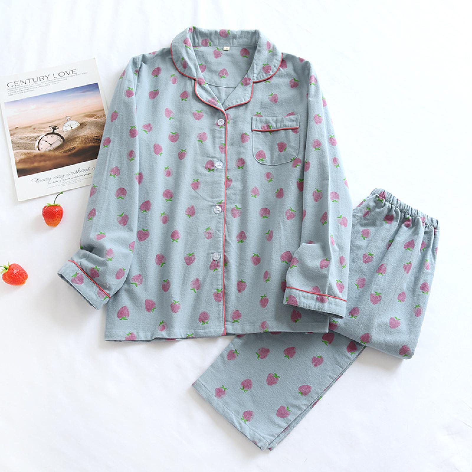 Un Pijama Cómodo Pijamas De Mujer Pijamas De Mujer Pijamas De Otoño Conjunto De Pijamas De Mujer Pantalones De Manga Larga De Algodón Puro Ropa De Dormir para Mujer,Strawberry-Blue-M