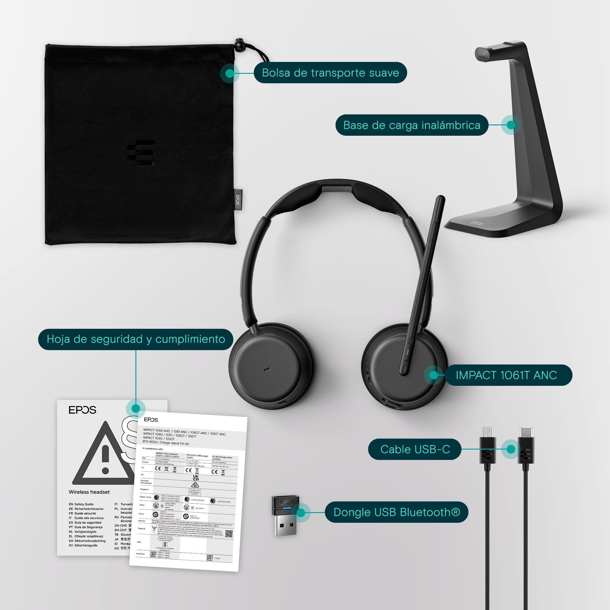 EPOS Impact 1061T ANC Stereo Bluetooth Headset Teams Zertifiziert mit Active Noice Cancelling (ANC) INKL. kontaktlose Ladestation