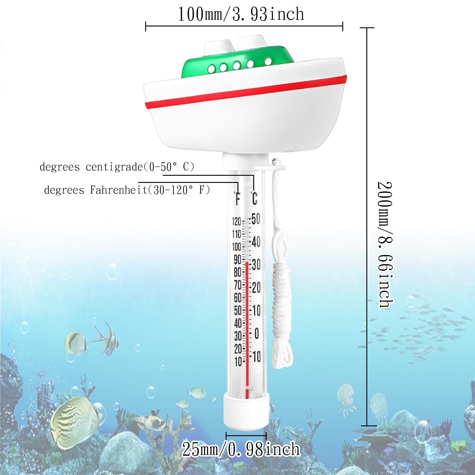 Poolthermometer, Pool Thermometer, Wasserthermometer, Poolthermometer Schwimmend,Badethermometer mit Seil,Thermometer Wasser Leicht Ablesbar,Wassertemperatur Wasserthermometer für Pools Wanne und Spas
