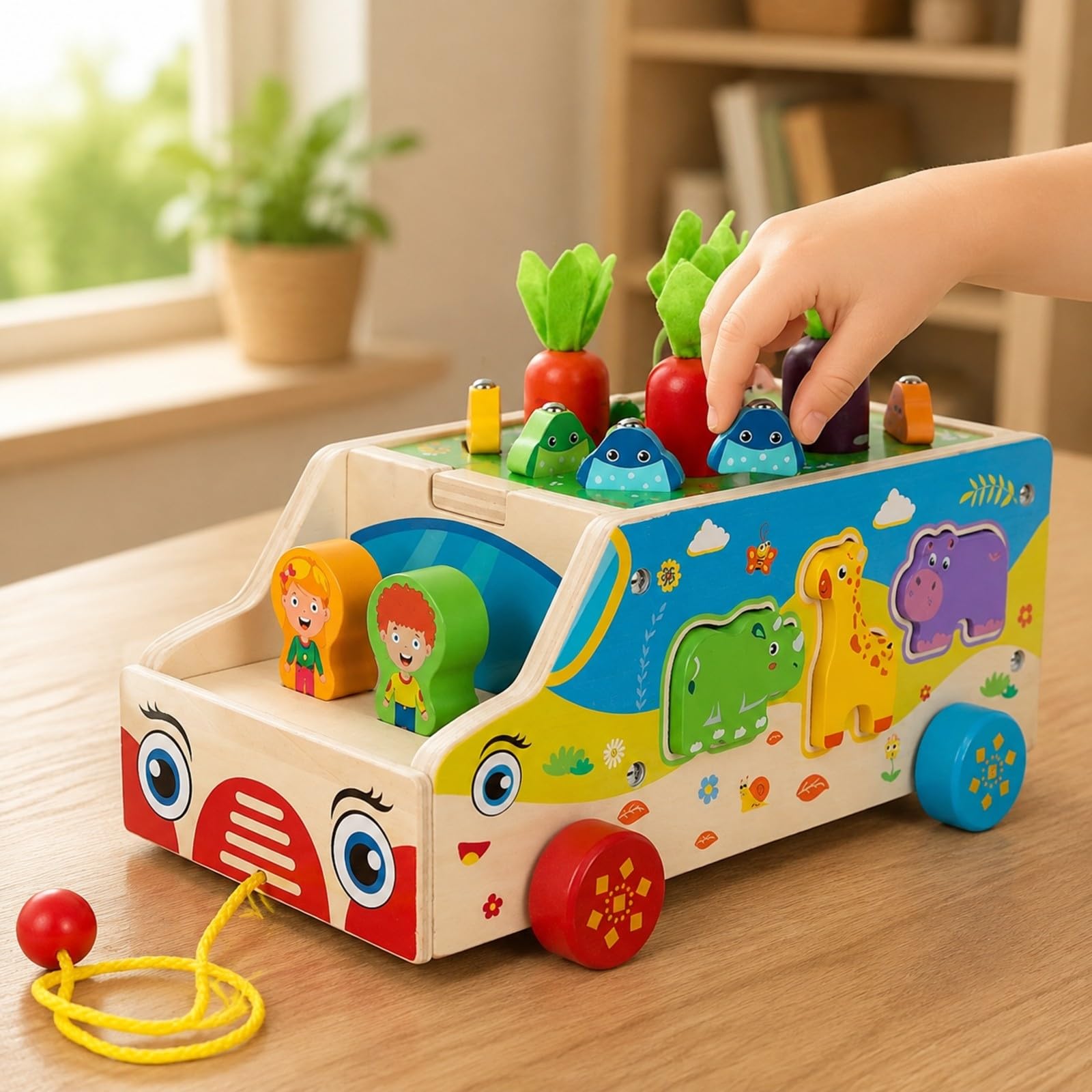 Carrito Actividas Remolque Multifuncional Carrito con Juego Pesca y Verduras Colorido Juguete Educativo para Casa