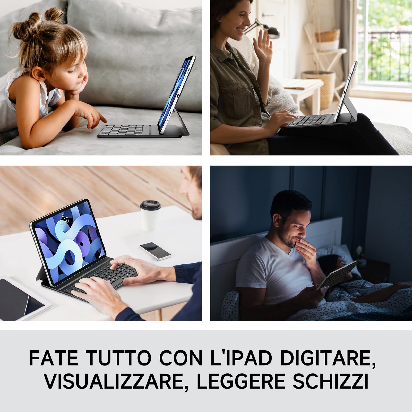 HOU Tastiera iPad Pro 11(4 °/3 °/2 °/1 °), iPad Air 11" 2024/5 Generazione(4 Generazione),QWERTY Disposizione Italiana,Ultra Slim,Angolo Regolabile,Carica Magnetica Nero