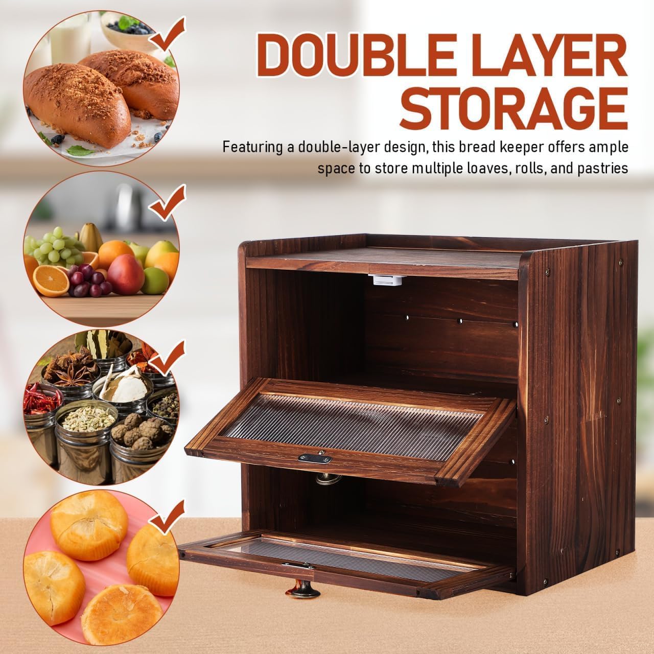 Solid Wood Bread Box for Kitchen Counter, Breadbox with 50 Count Deli Paper, Double Layer Large Capacity Bread Storage Container Acrylic Window,Food Storage Container for Kitchen