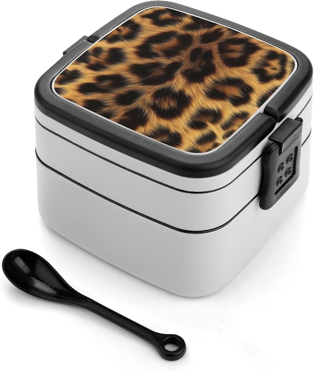 Leopard Print Double Layer Bento Box Lunch Box with Spoon Leakproof One-piece Stackable for Work Travel