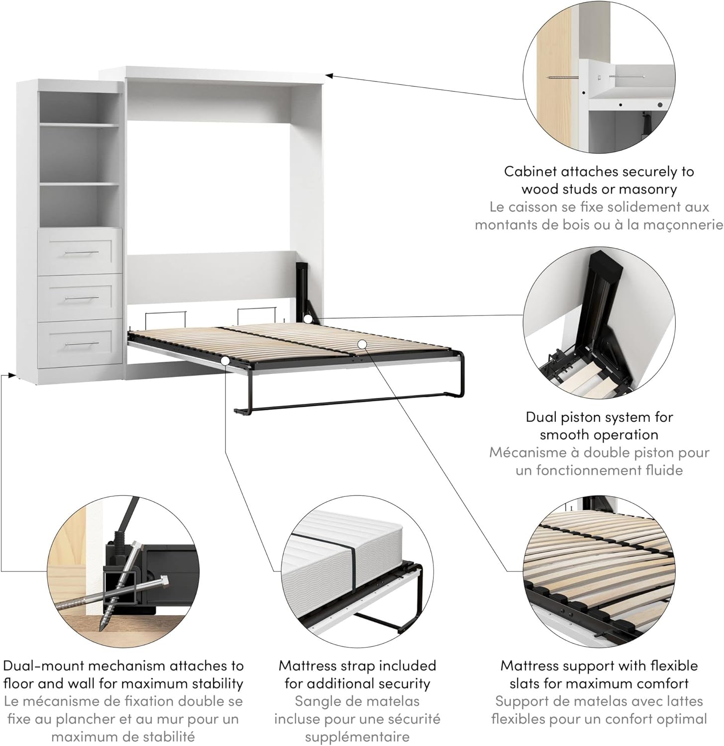 Bestar Pur Queen Murphy Bed and Shelving Unit with Drawers, 90-inch Space-Saving Wall Bed