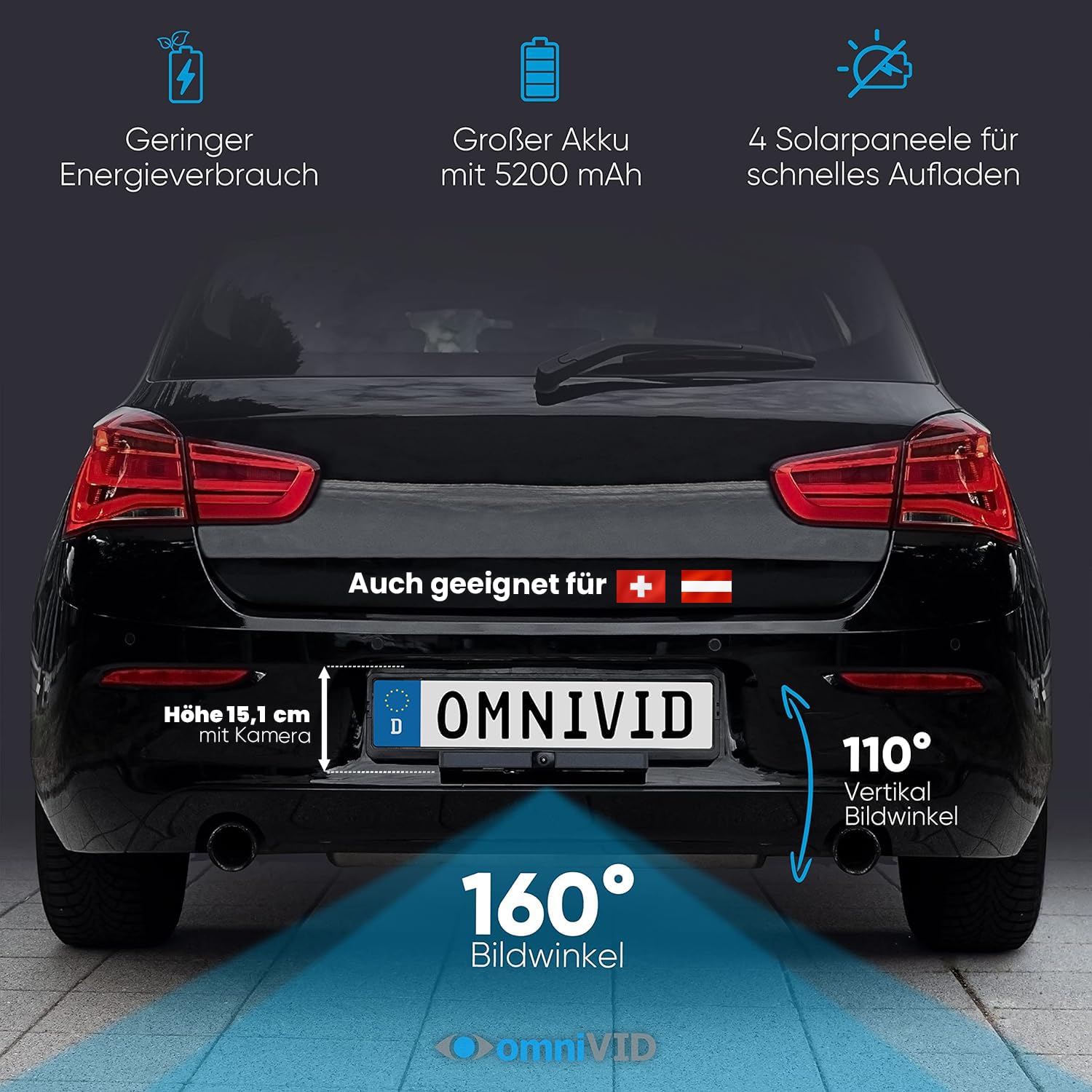 omniVID® Solar4 Premium Solar Rückfahrkamera-System, Kabellos mit 4,3 Zoll Monitor u. solarbetriebender Kamera zum Nachrüsten, Montage ohne Bohren, IP67 wasserdicht, Funk Einparkhilfe hinten o. vorne | Kabellos mit solarbetriebener Kamera, ohne Bohren nac