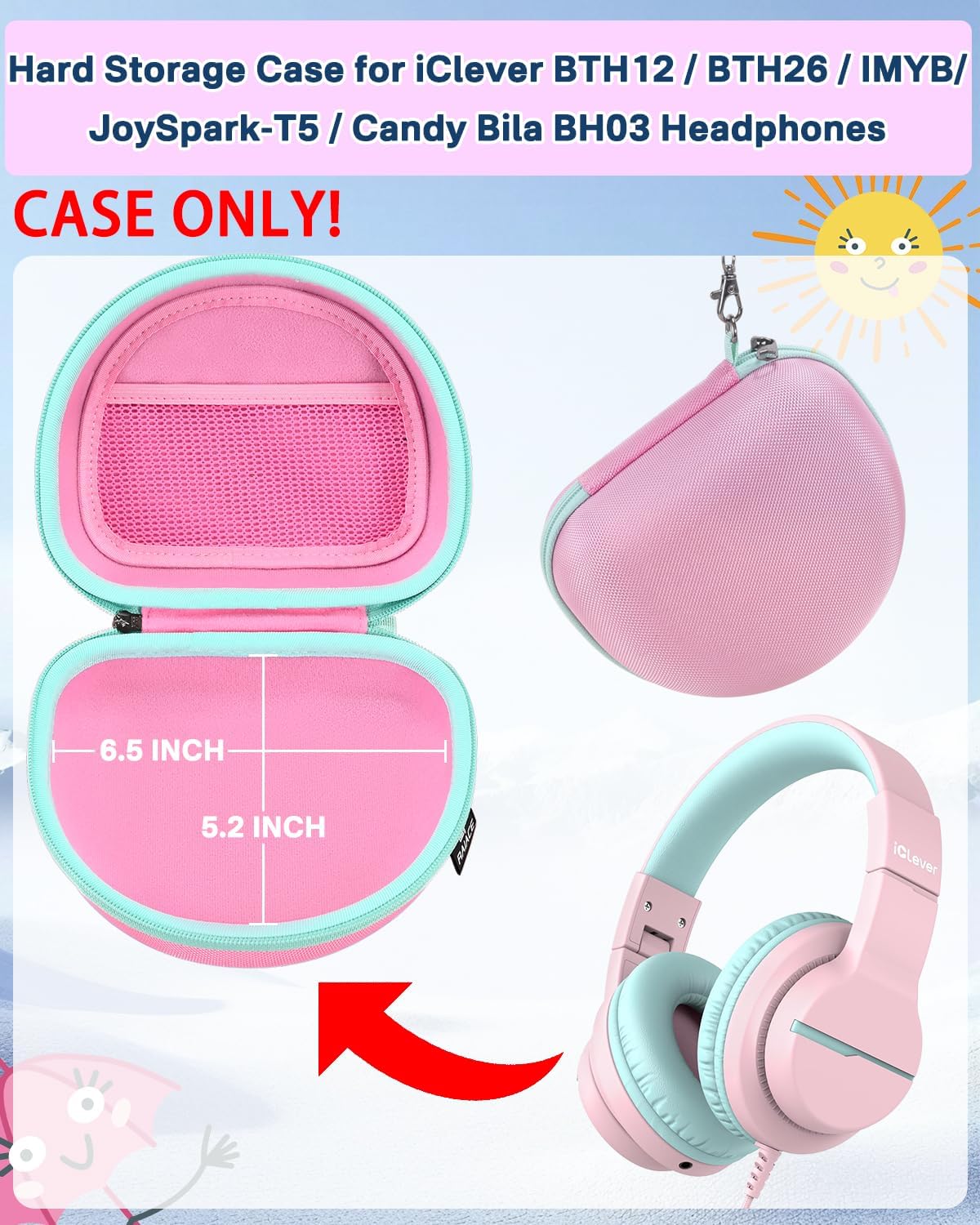 RAIACE Hard Travel Storage Case Compatible with iClever BTH12 / BTH26 / IMYB/JoySpark-T5 / Candy Bila BH03 Headphones, Protective Carrying Bag. (case only) - Pink - Image 2
