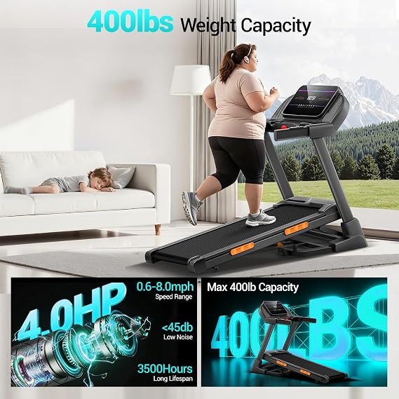 CURSOR FITNESS Foldable Treadmill with 20% Auto Incline (20 Levels) | Treadmills for Home Auto Folding 400LBS Weight Capacity,44.1*16 Wide Belt 4.0HP Quiet Brushless, Max Speed 8.0MPH