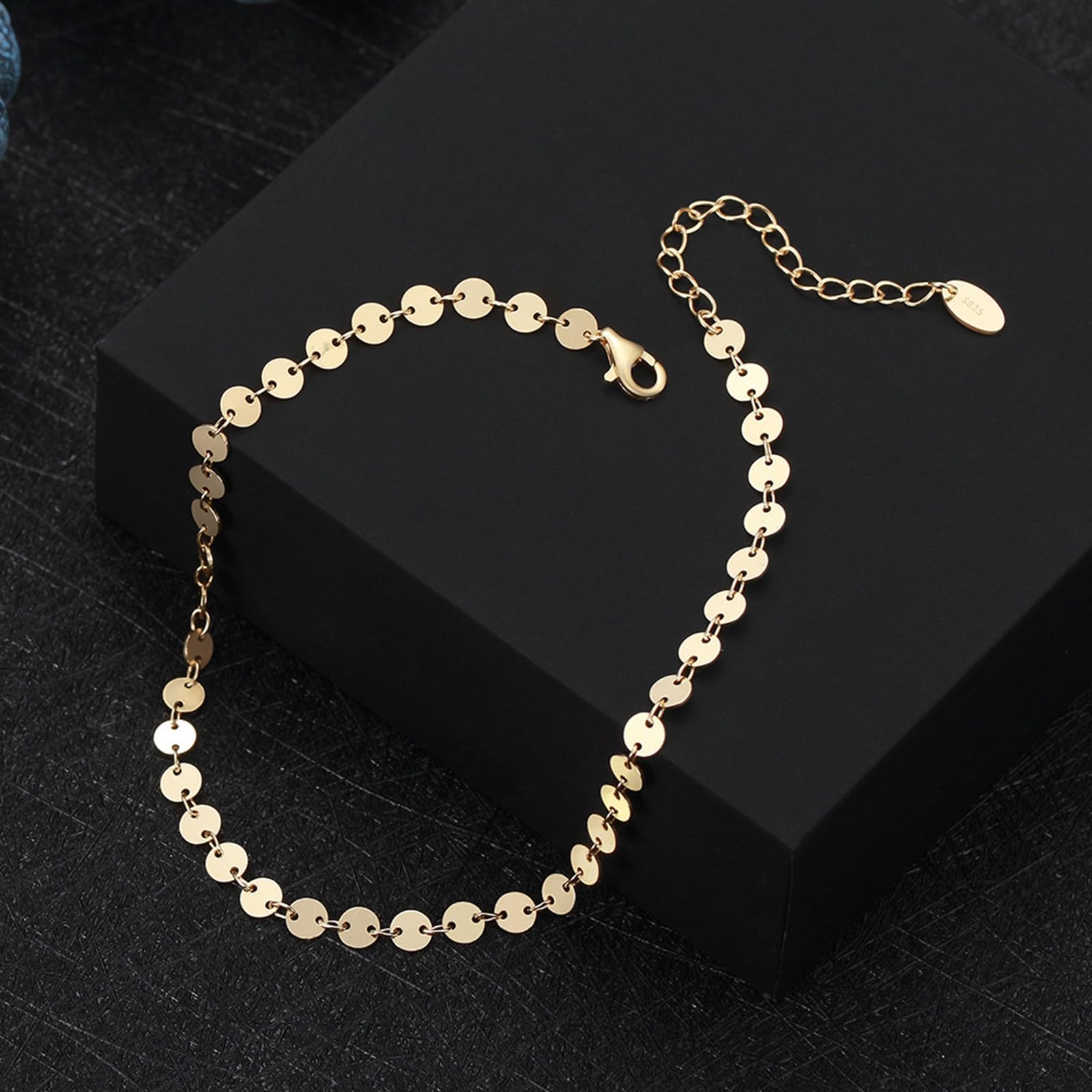 Cavigliera Argento 925 Donna, Cavigliera Donna Estiva Paillettes Rotonde Larghezza 4MM Oro, Regolabile Fino a 26 cm - Bracciali alla Caviglia da Spiaggia Cavigliere per Donne