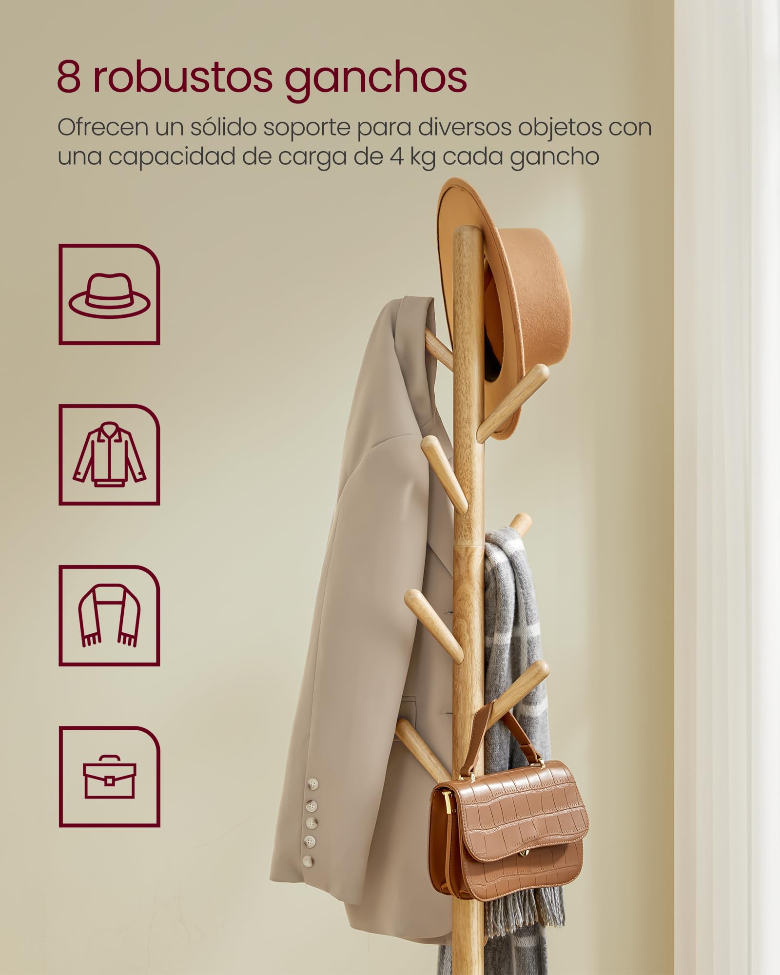 VASAGLE Perchero, Perhcero de Suelo, con 8 Ganchos y Estante de Almacenamiento, 170,5 cm de Altura, para Abrigos Sombreros Bolsos, Entrada Pasillo Dormitorio, Beige Natural RCR033N01