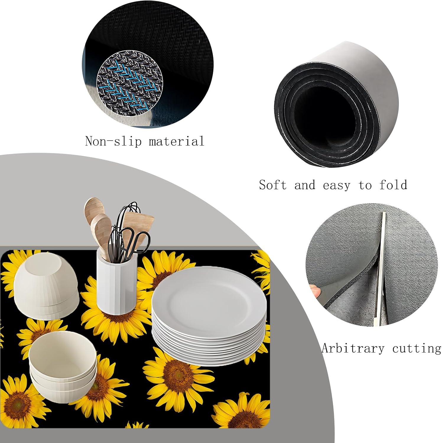 Sunflower Dish Drying Mat Coffee Mat for Countertop, Fall Sunflower Kitchen Decor，Absorbent Kitchen Counter Mat(Black Sunflower) (16*18inches)