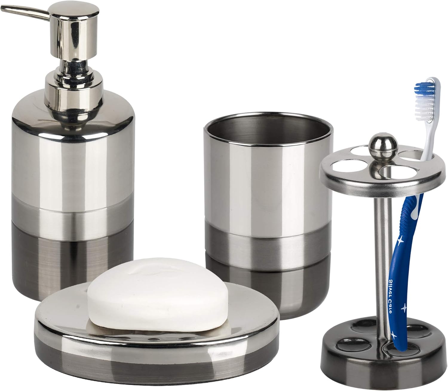 nu steel (Set of 4 Triune Bath Accessory Set in 3-Tone Shiny Gray Stainless Steel for Bathrooms & Vanity Spaces