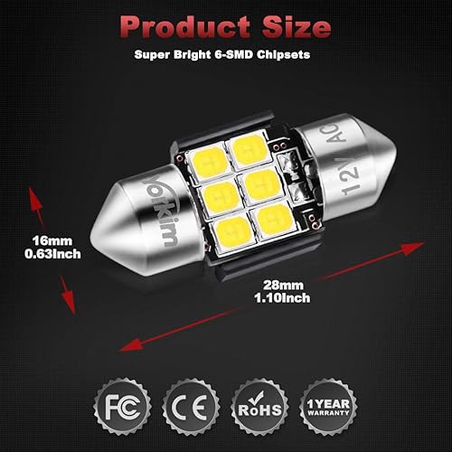 Miniatura 6 de Yorkim Bombilla LED De3175 de 1.102 in, color blanco, súper brillante, 1.102 in, 1.142 in, sin errores, CANBUS 6-SMD 2835 Chipsets para luces Blanco