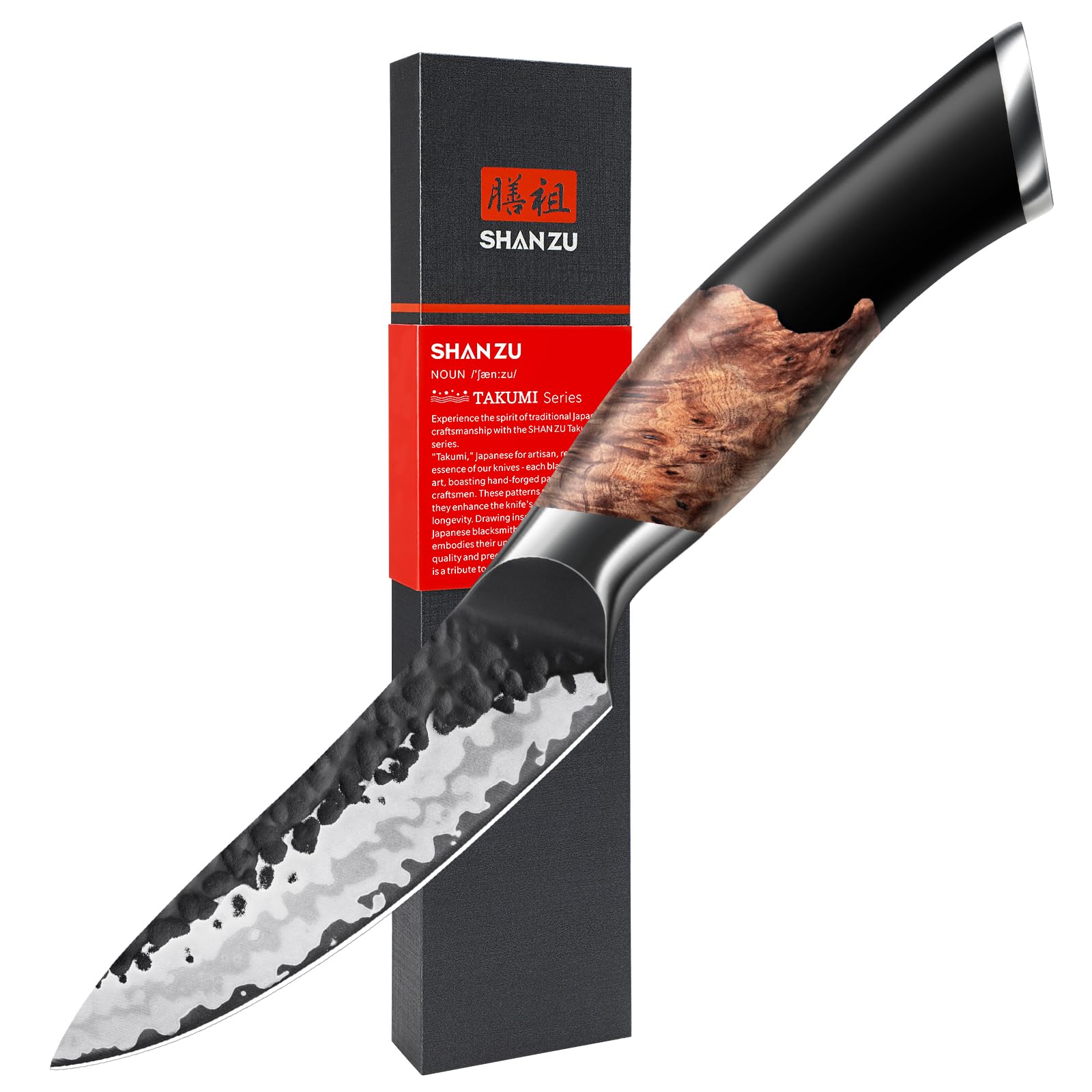 SHAN ZU 9 cm Vegetable Knife, Hand Forged Japanese Fruit Knife, 7 Layers, High-Quality Carbon Steel, Extra Sharp Paring Knife with Maple Wood Handle