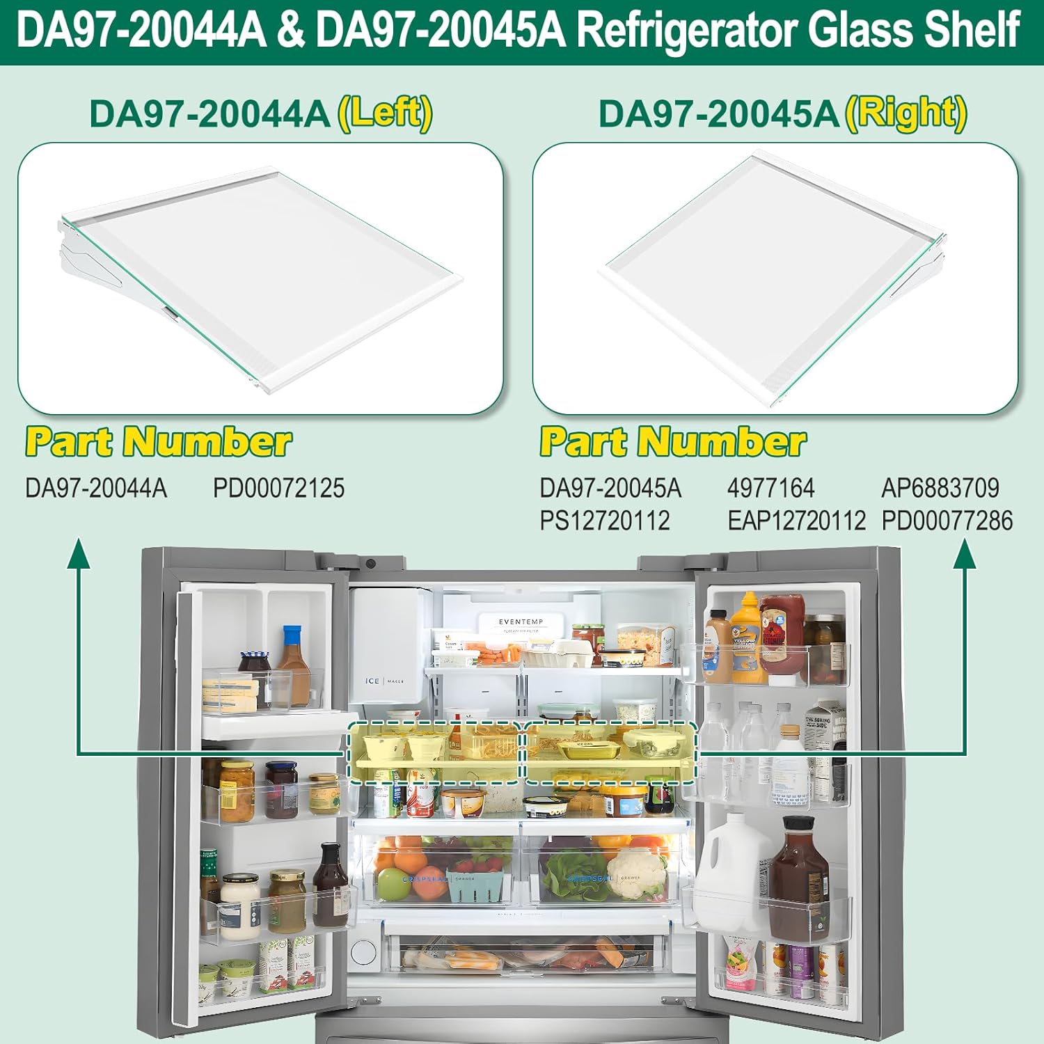 Upgraded DA97-20044A Left Refrigerator Glass Shelf & DA97-20045A Right Refrigerator Replacement Shelve Compatible with Samsung Refrigerator Parts RF28R7351SG RF28R7201SR Fridge Shelf Replacement