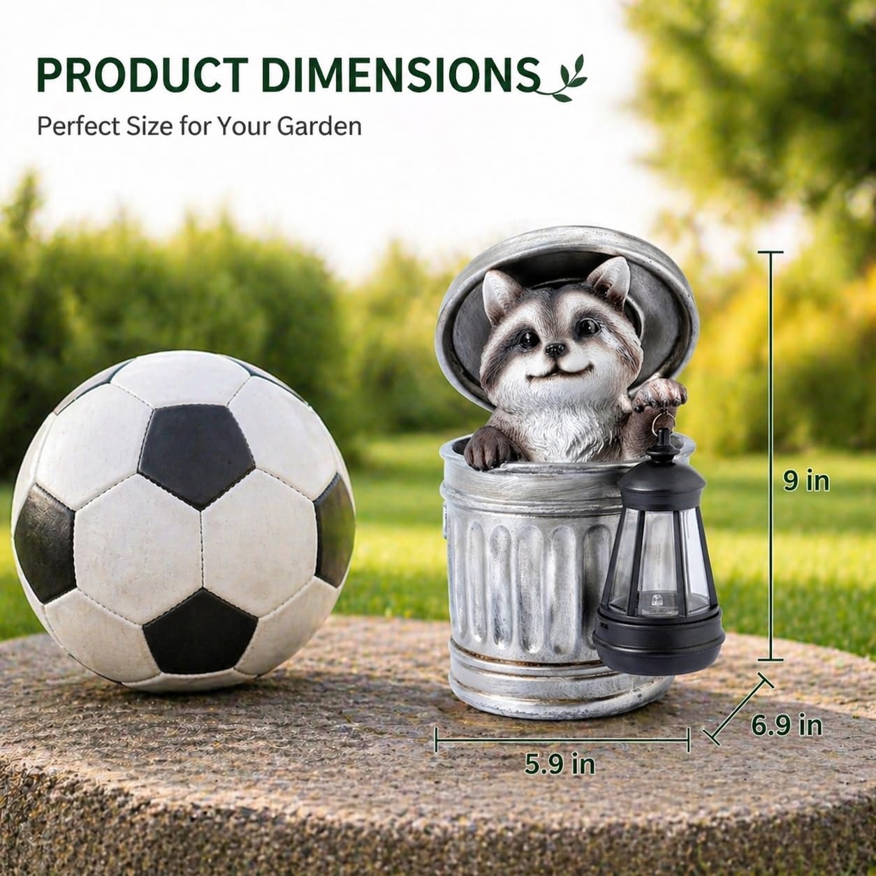 9" Solar Raccoon in Trash Can Garden Statue, Whimsical Outdoor Figurine with Solar Powered Lantern, Resin Racoon Sculpture for Patio, Yard, Lawn Decor & Unique Housewarming Gift (Grey)