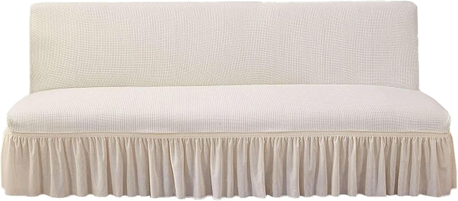 Armless Stretch Futon Cover with Skirt, Soft Jacquard Sofa Bed Cover with Elastic Bottom, Removable Folding Futon Slipcover Mattress Cover Washable (A3,Large (Length 74-82.5in))