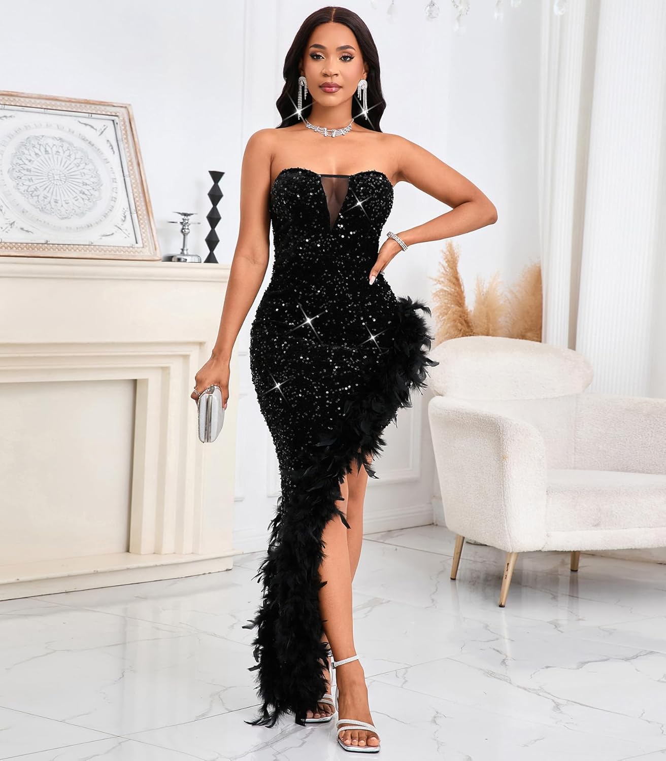 Women's Sexy Sequin Off The Shoulder V Neck Mesh See Through Dress Feather Hem Bodycon Evening Maxi Dress