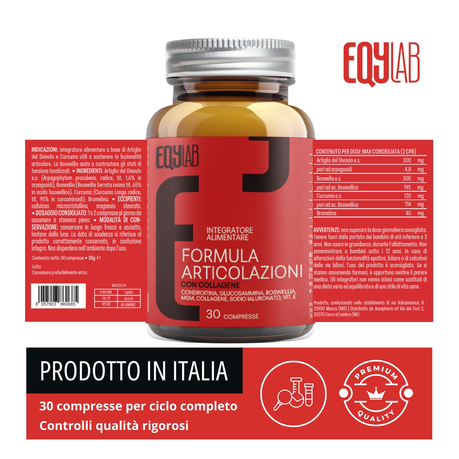 EQYLAB – Integratore Articolazioni con Condroitina, Glucosamina, MSM, Collagene, Acido Ialuronico e Boswellia per Mobilità e Benessere Articolare - 30 Compresse
