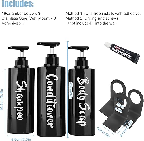 Miniatura 3 de Dispensador de champú de 16.9 onzas para pared de ducha, 3 cámaras, dispensador de champú y acondicionador sin taladros, dispensador de jabón de