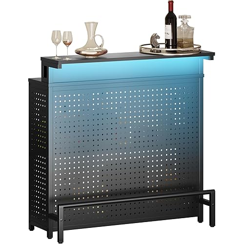YITAHOME Mini Home Bar Unit with Music Sensing LED Light, Liquor Wine Coffee Stand w Counter Tall Bar Table Top Alcohol Storage Shelf Glasses Rack Footrest for Kitchen Pub Living Room, Black