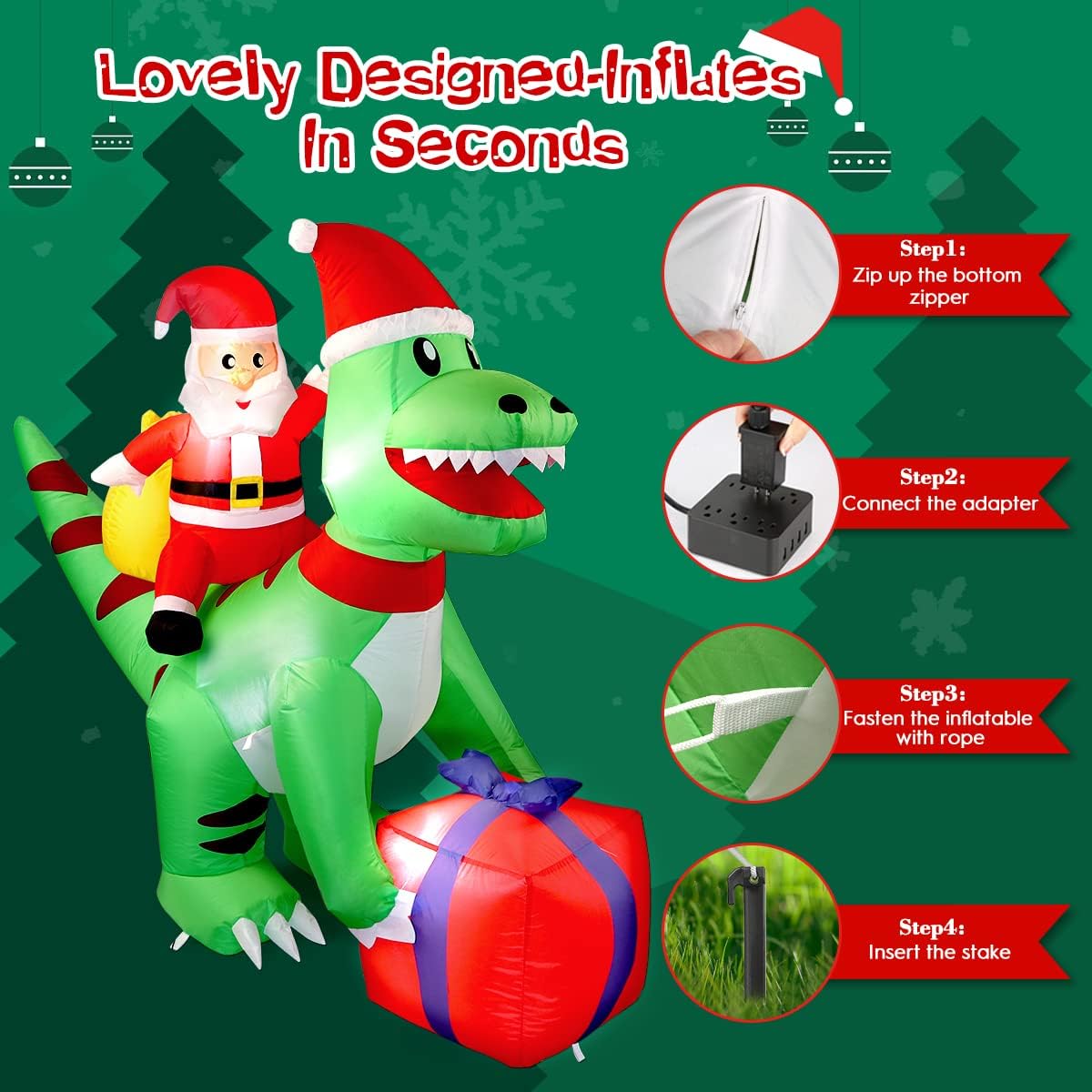 5 Ft Christmas Inflatable Dinosaur with Santa, LED Lights, Indoor Outdoor Holiday Yard Decor, Green T-Rex with Gift Box - Image 4