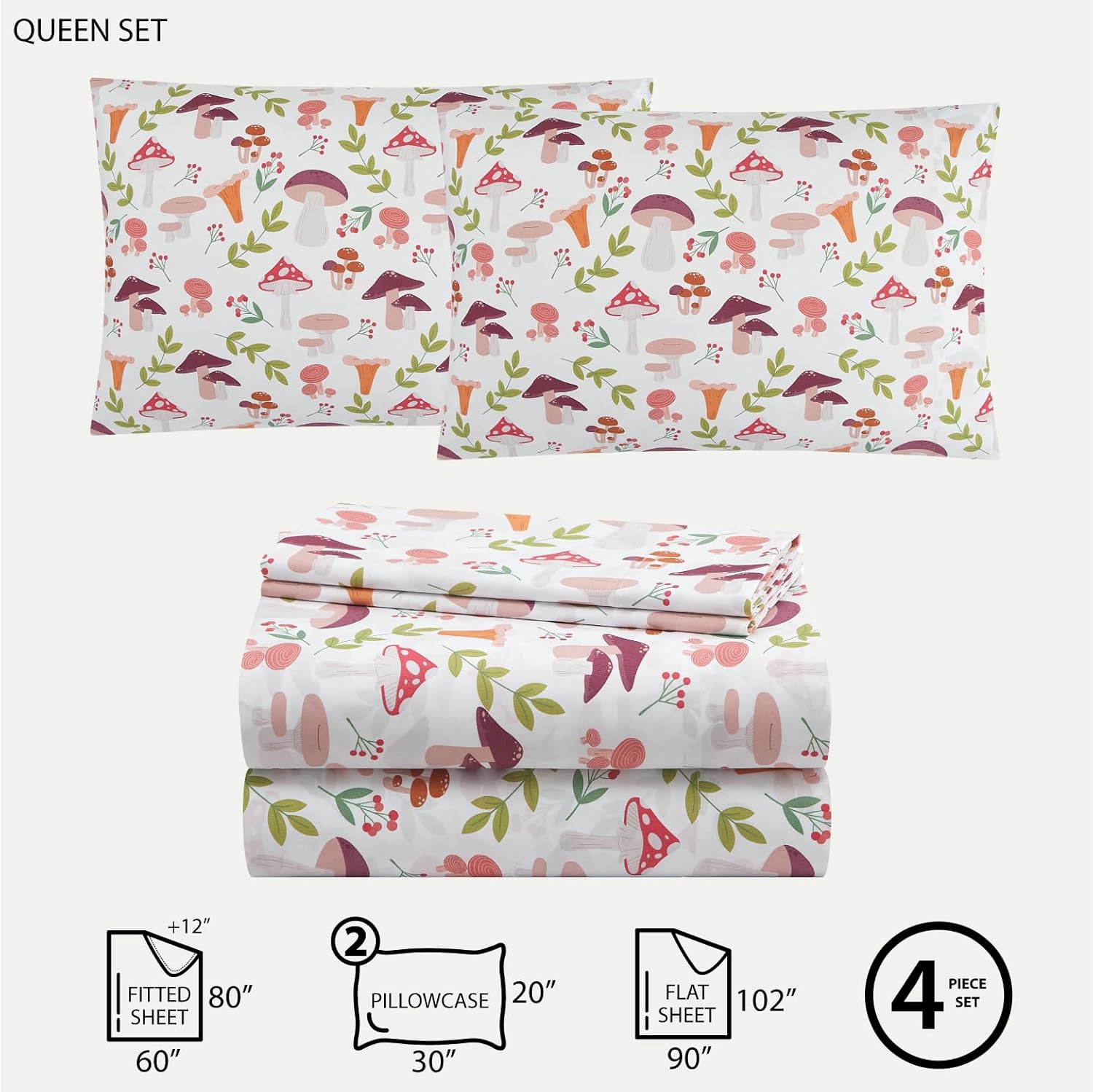 Urban Lifestyle 4 Piece Sheet Set, Including Top Sheet, Fitted Sheet and 2 Pillow Cases, Wild Mushroom Print, Queen