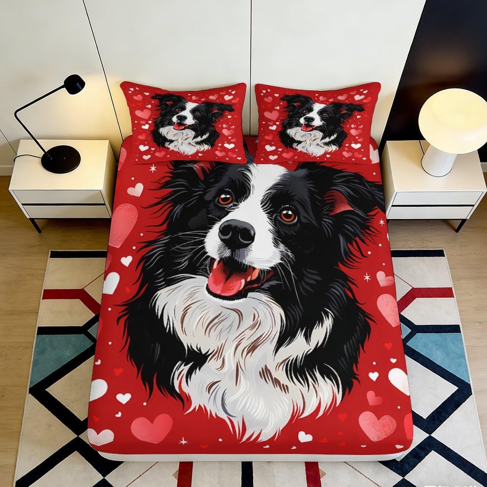 3D Printed Border Collie Hearts Fitted Sheet Microfiber Soft Red Dog Bed Sheet for Bedroom Guest Room Decor 90x200x25cm