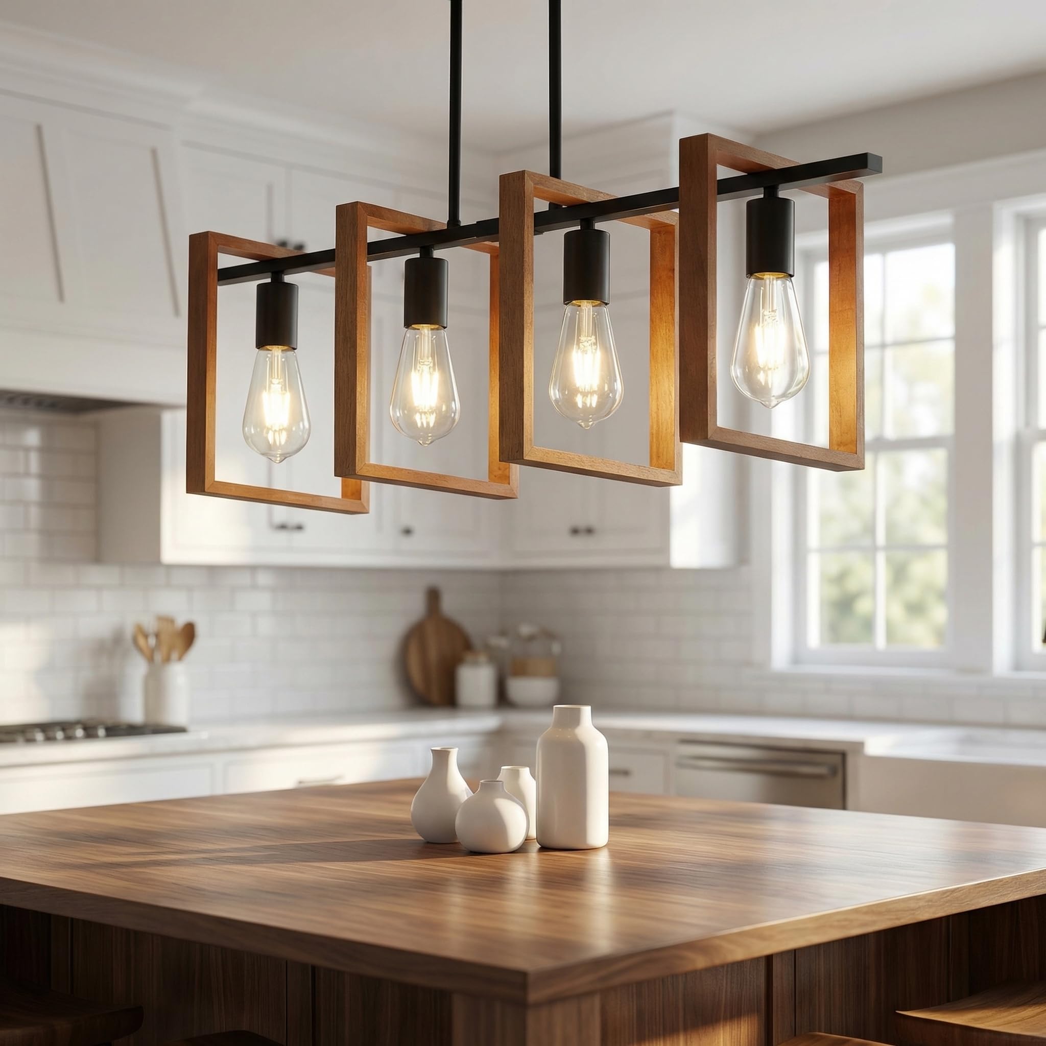 Iluminación de isla de cocina,luces de mesa de billar de madera y metal,alturas colgantes industriales ajustables Lámparas de Techo para comedor y sala de estar,pasillo de vestíbulo (A,4 Heads)