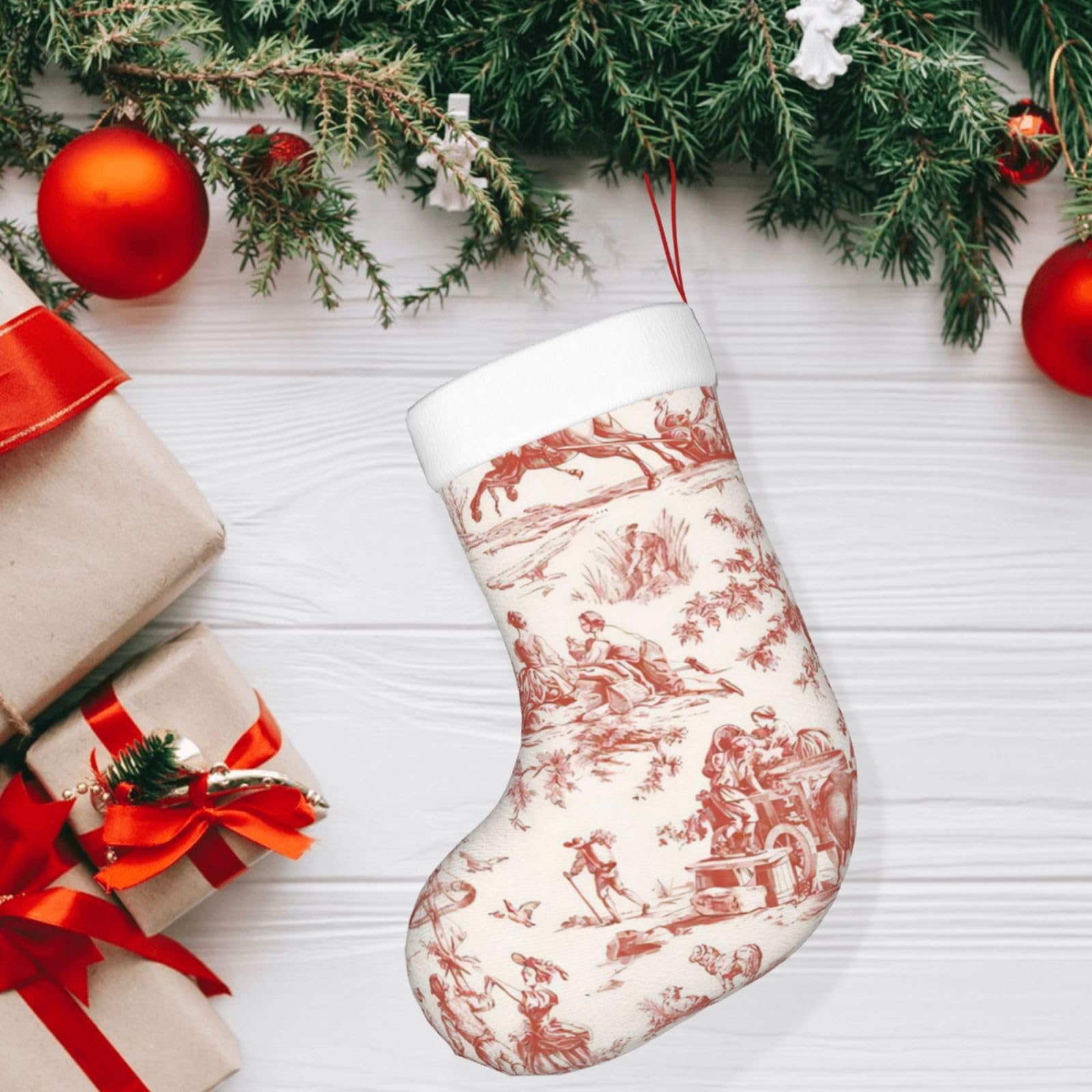 Lukiyys Red French Country Toile Pattern Large Christmas Stockings for Fireplace Hanging, Family Holiday Party Decorations, Black