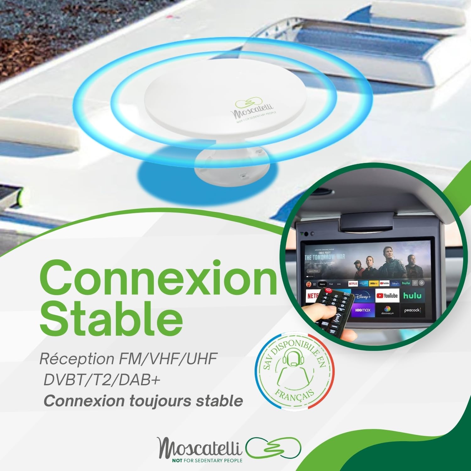 MOSCATELLI Antenne Omnidirectionnelle Terrestre TNT HD - DVB-T/T2 – Dab – 12/24/220 V – Kit Complet avec Câbles et Puissant Amplificateur pour Camping Car, Caravane, Fourgon, Camion, Bateau