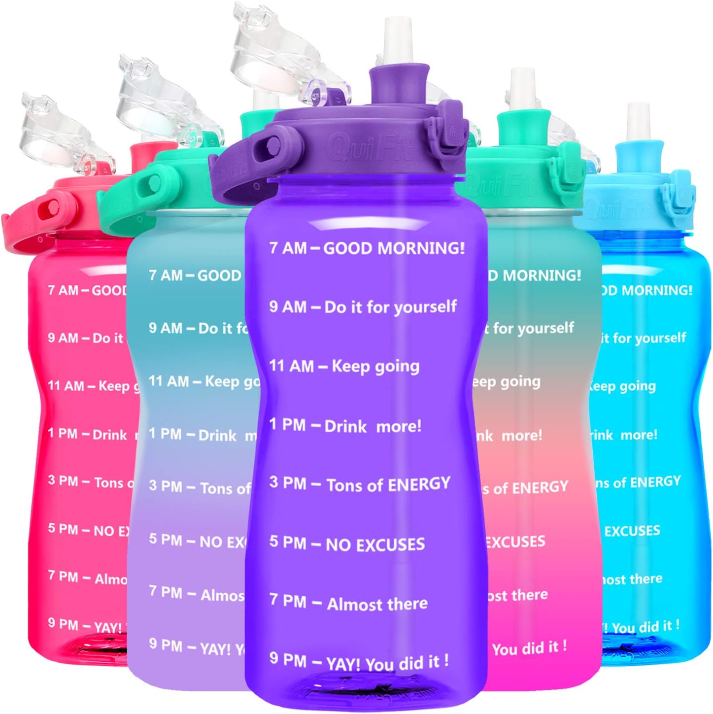 BuildLife Half Water Bottle BPA Free with Removeable Straw & Time Marker Wide Mouth Large Water Jug Reusable Leak-Proof(Light Purple, 64OZ)