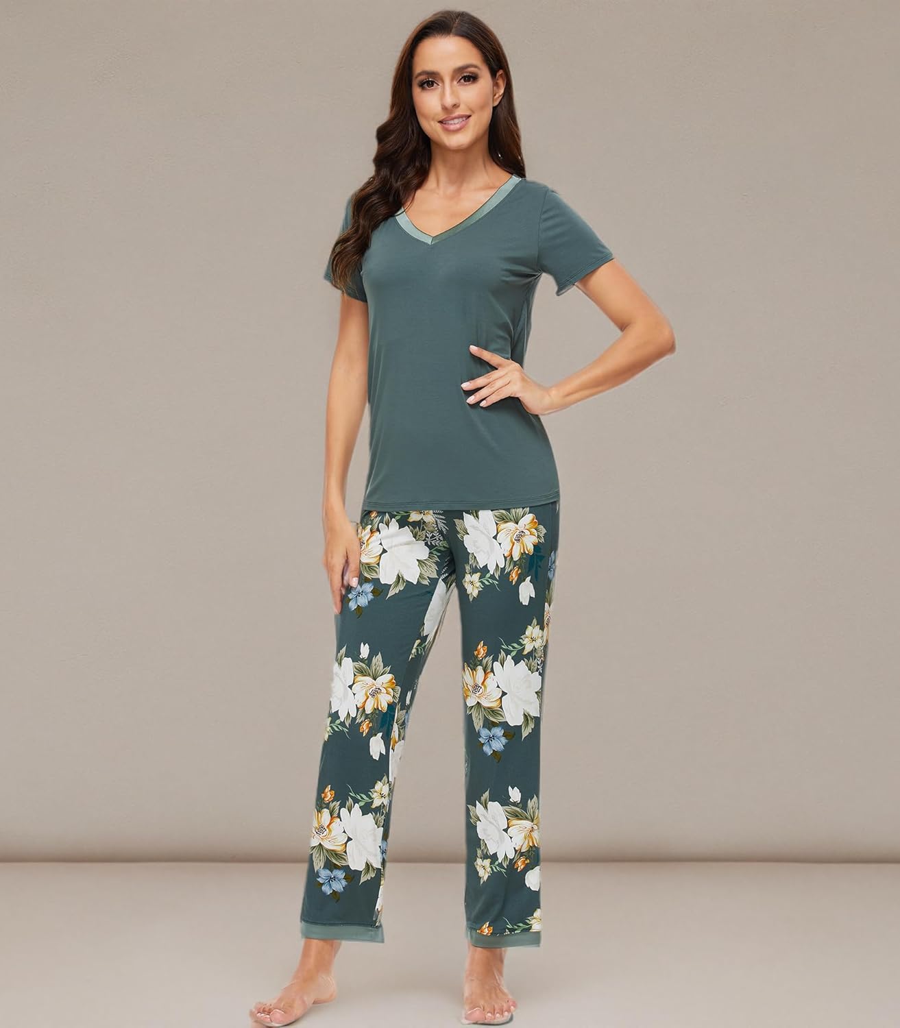 WiWi Womens Viscose from Bamboo Pajamas Set Short Sleeve Top with Pants Pjs Soft V Neck Sleepwear Lightweight Loungewear S-3X - Image 9