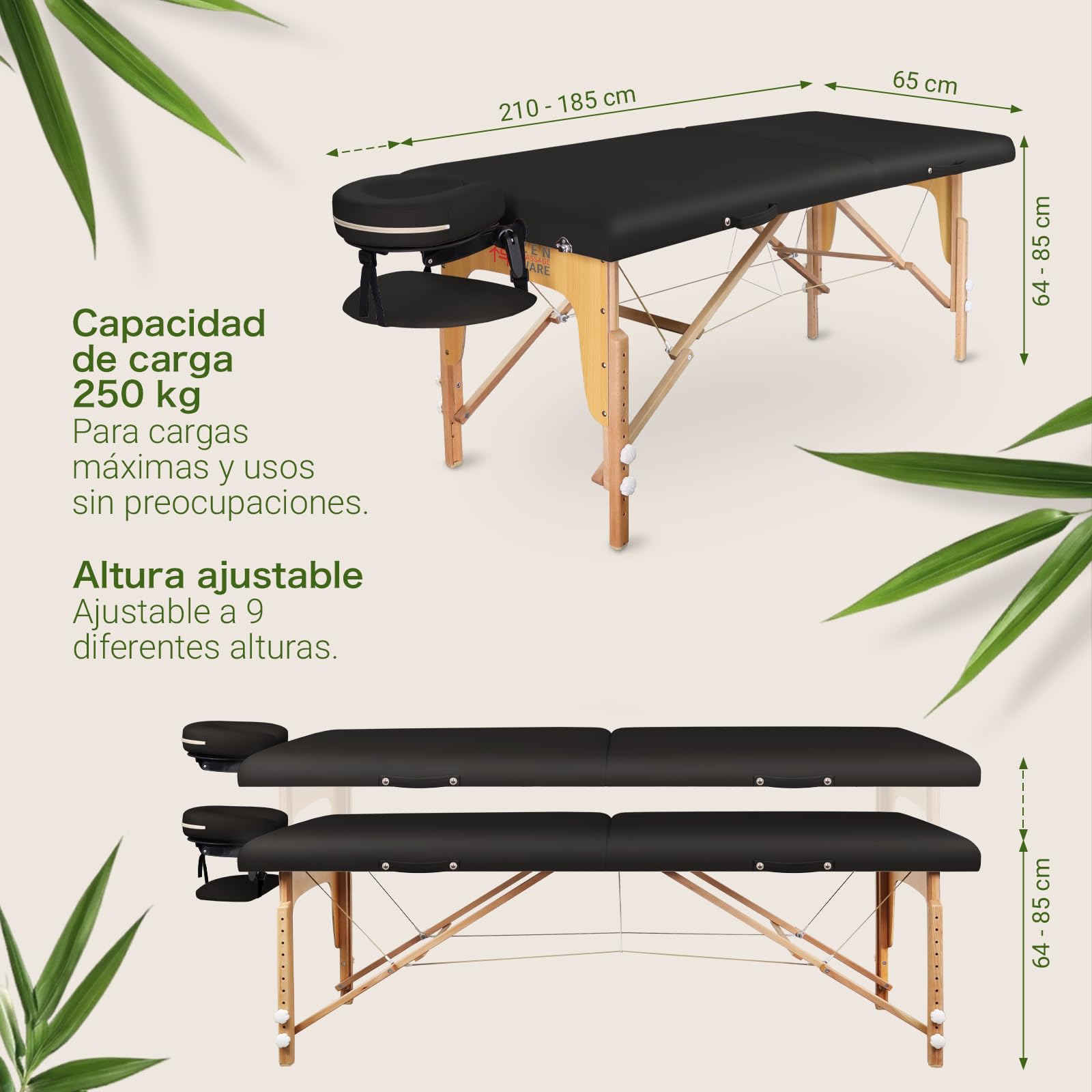 Zen – Camilla Masaje Plegable Mobile Startup de Altura Regulable - Camilla estetica sólida de Madera Maciza - Camilla Plegable con cabecera Regulable, reposabrazos y Bolsa de Transporte Negro