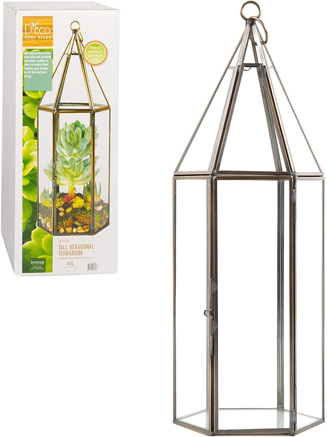 D'Eco Glass Geometric Plant Terrarium (5x5x14) - Indoor Tabletop Bronze Tall Hexagon Planter - Succulents, Air Plants, Moss - Home Garden Office Decor - Great Holiday (Terrarium Only)