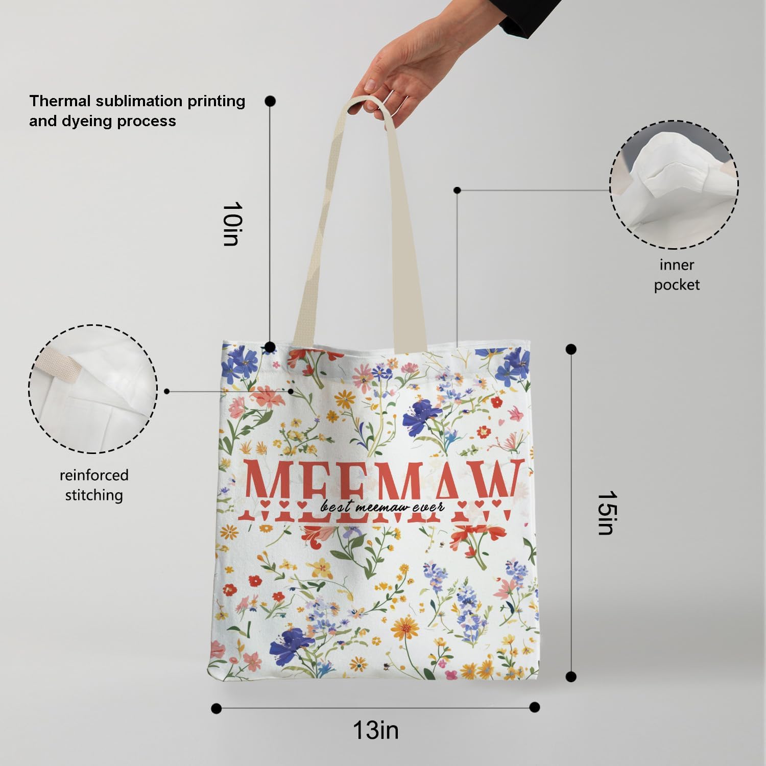 Meemaw Gifts Floral Tote Bag, Mother's Day Birthday Gifts for Meemaw from Grandkids Grandsons Granddaughters Canvas Tote Bags for Women, Reusable Grocery Shopping Bag - Image 6