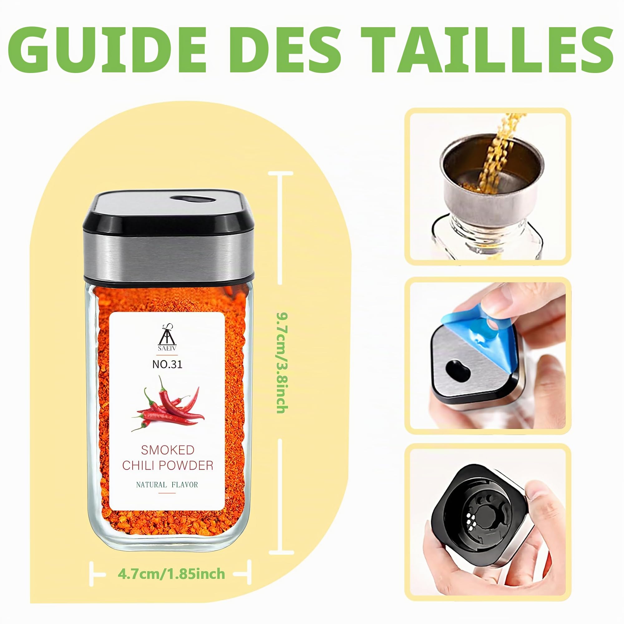 SAEIV Set de 24 bocaux à épices 120 ml, couvercles hermétiques à vis avec saupoudreur, boîtes à épices pour organiser votre cuisine, conservation des épices et herbes aromatiques, étiquettes incluses