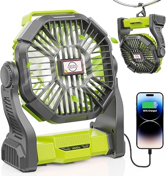DOWILLDO 10400mAh Portable Battery Powered Camping Fan - with LED Light, Quiet Battery Operated, Camping Gear for Travel, Tent, Beach, Car or Hurricane Power Outages, Green