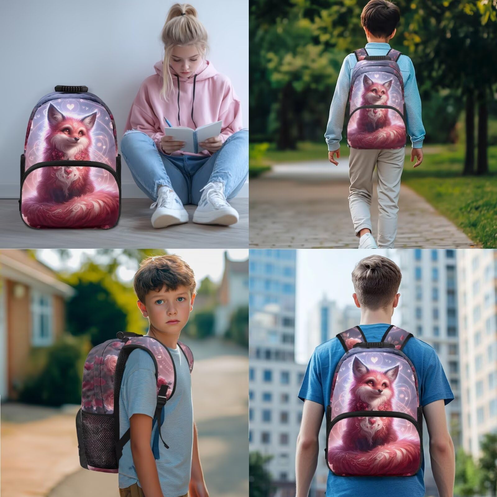 4-teiliges Schultaschen-Set, Rucksack, Lunchtasche, Federmäppchen, Wasserflaschen-Tragetasche für Jungen und Mädchen, Pink-Fuchs, Schulranzen-Set