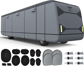 RVMasking 7 Layers top Class A RV Cover Fits 34'1"-38' Motorhome - Heavy Duty Windproof Rip-Stop Anti-UV Camper Cover with 4 Tire Covers & Gutter Spout Cover